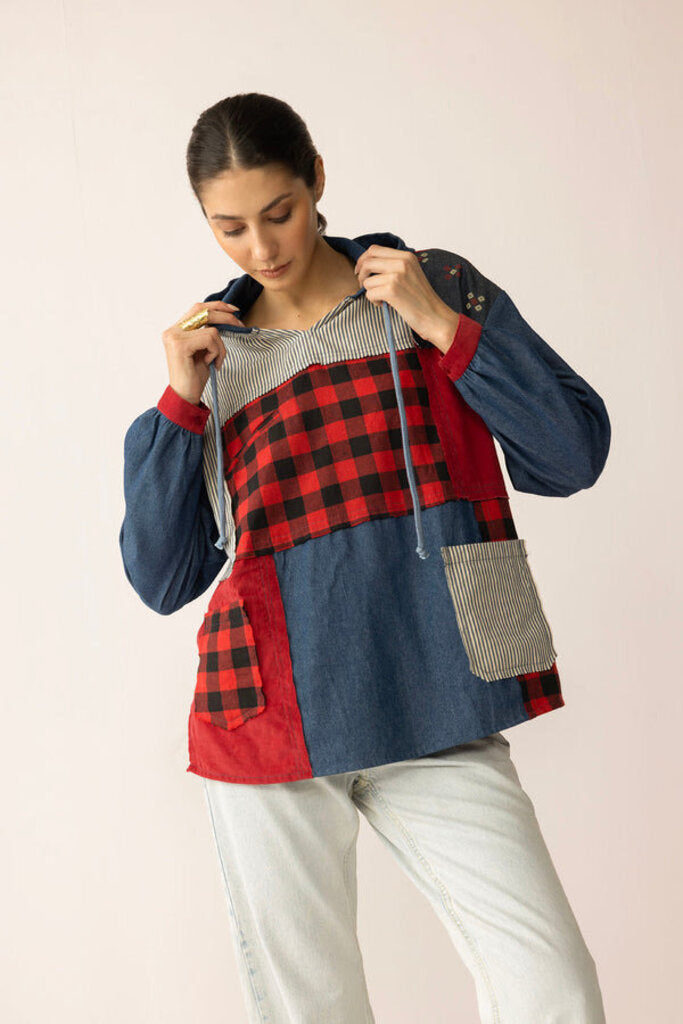 The Americana Patchwork Hoodie in Cherry Denim XXL - BWE-12549-HS